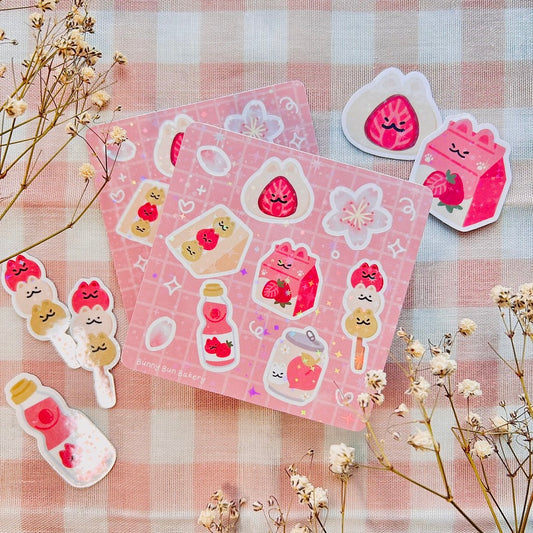 Pink Strawberry Sakura | Holographic Sticker Sheet