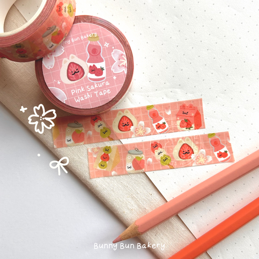 Pink Sakura Strawberry Cat Washi Tape